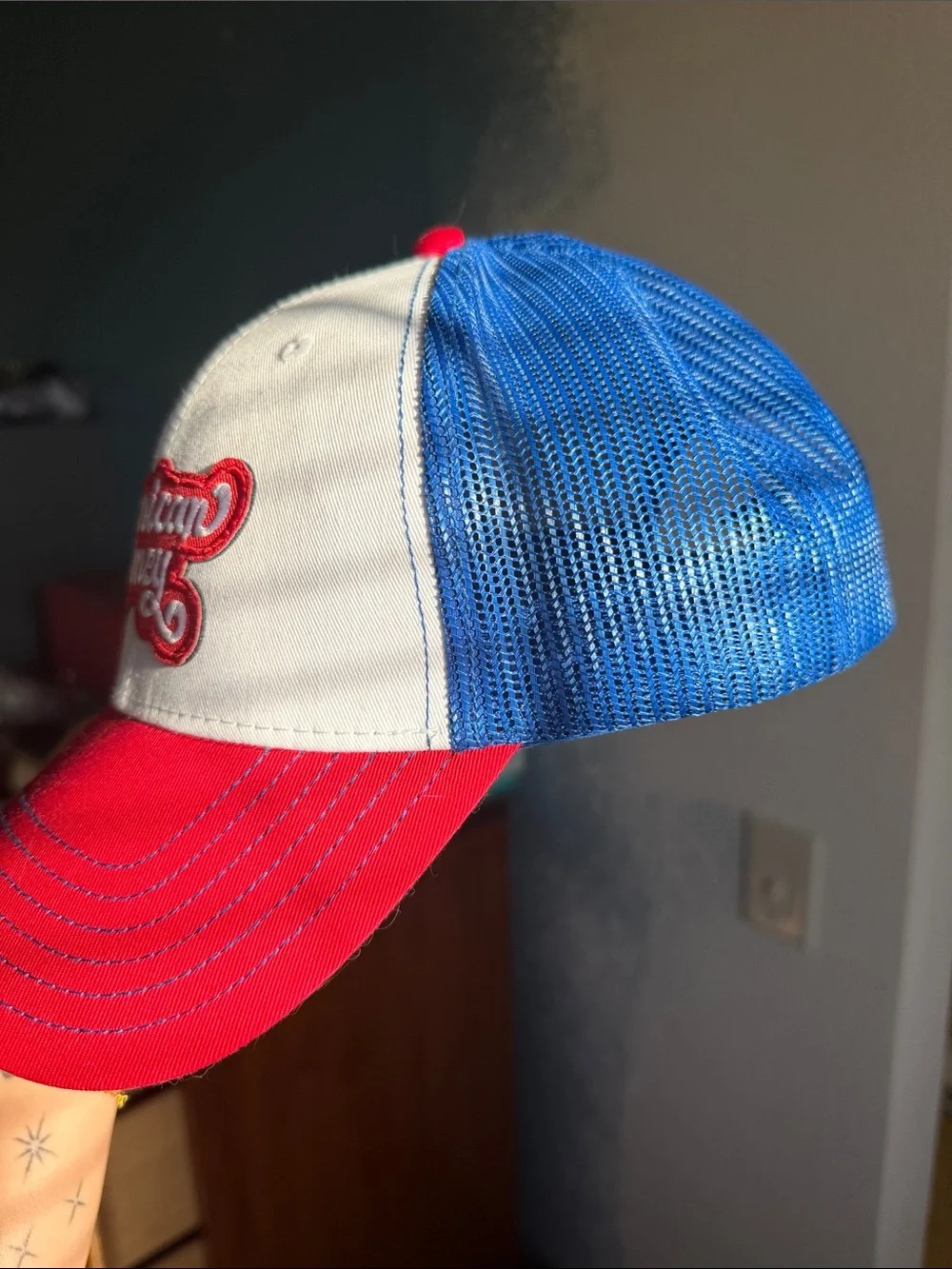 American Honey Red, White & Blue Trucker Hat with Script Patch